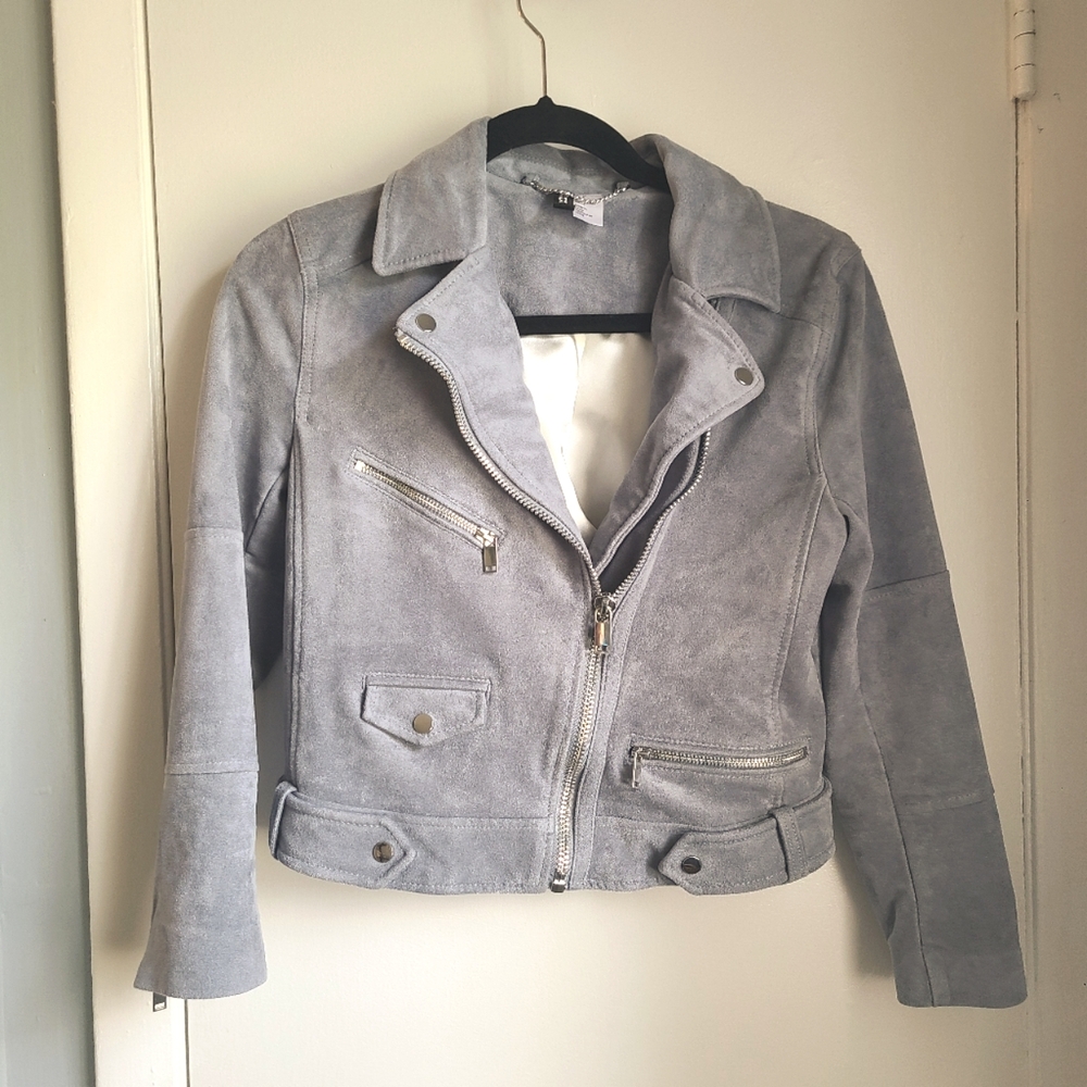 H&M Divided Gray Faux Suede Biker Jacket Long Sleeve Pockets Diagonal Zip Size 6